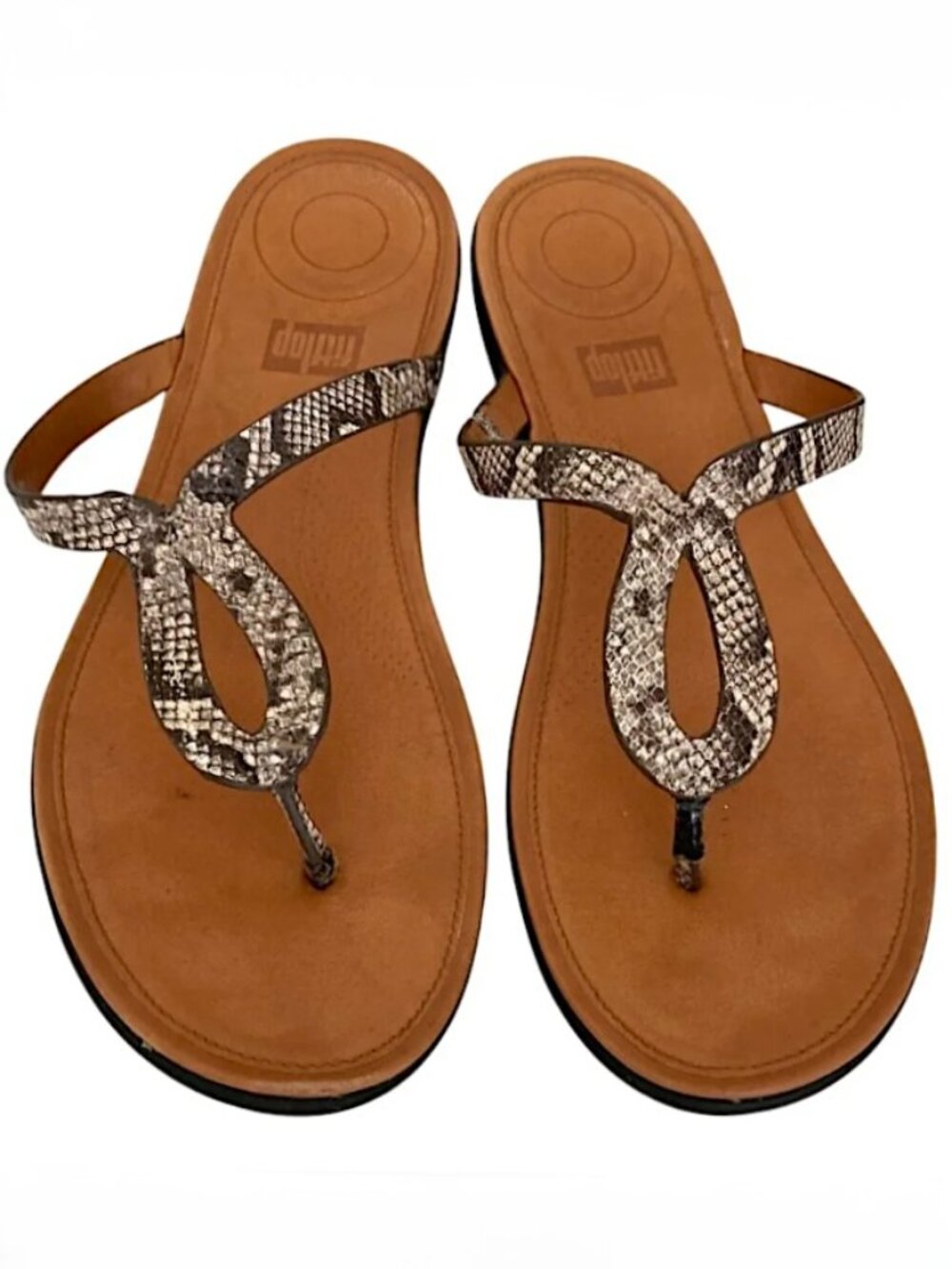 FitFlops Strata Snake Reptile Print Leather Thong Wedge Sandals Size 9 Brown